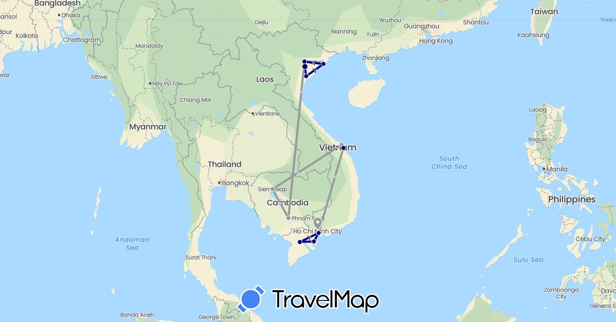 TravelMap itinerary: driving, plane in Cambodia, Vietnam (Asia)
